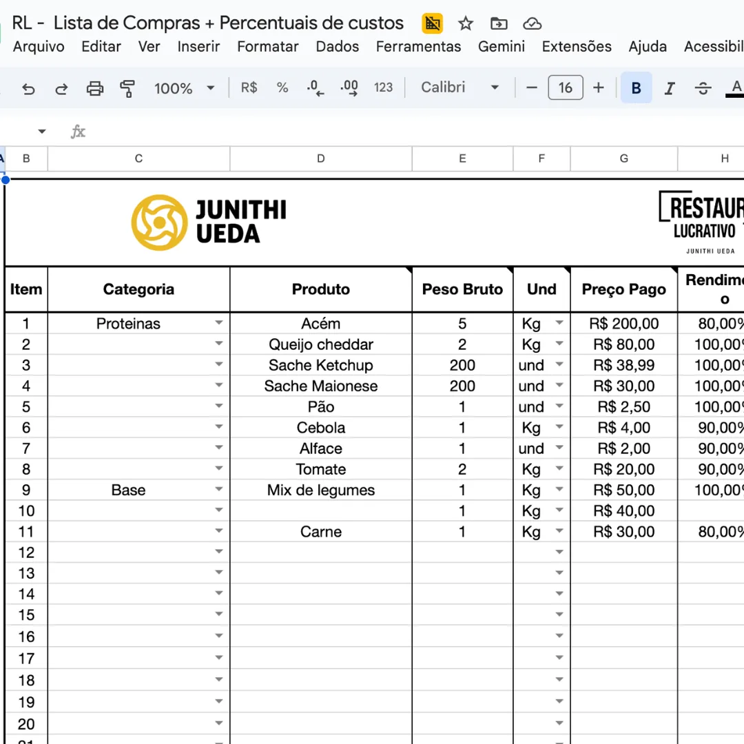 Planilha de lista de compras no Google Planilhas