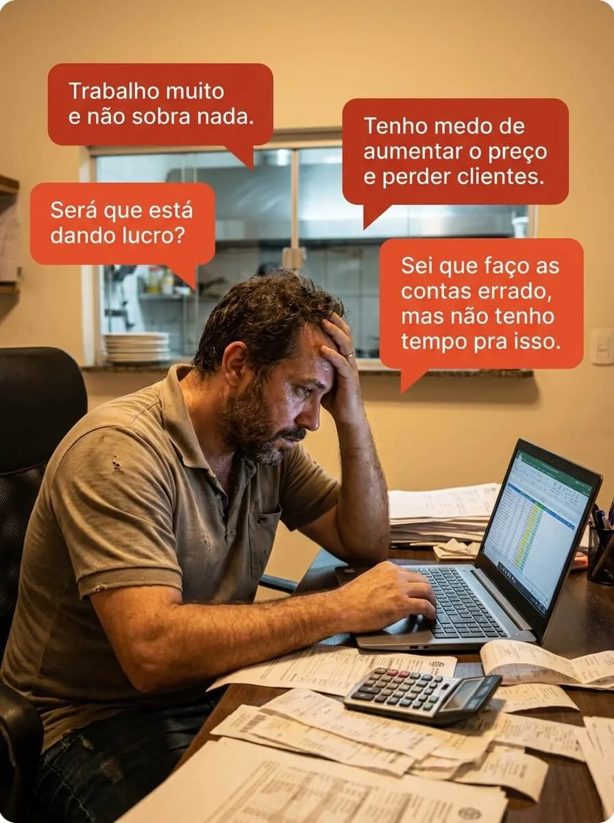 Dono de restaurante preocupado com planilhas e custos